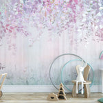 Tapet personalizat natura pentru copii cu padure si frunze in nuante de roz si mov mauve forest