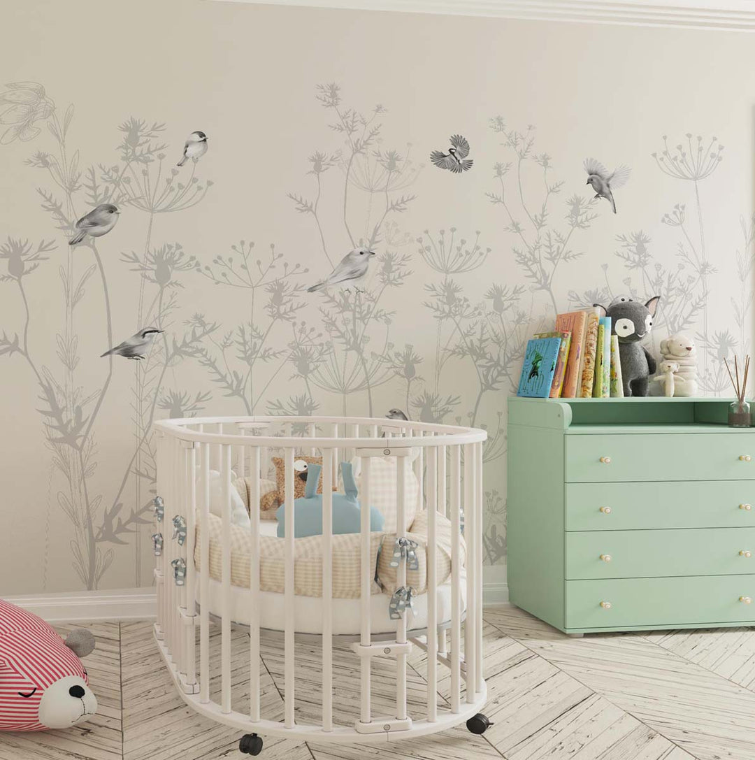 Tapet Personalizat Natura pentru copii cu pasari si plante salbatice in nuante de gri si alb - WILD BIRDIES