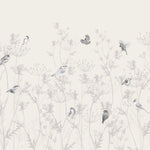 Tapet Personalizat Natura pentru copii cu pasari si plante salbatice in nuante de gri si alb - WILD BIRDIES