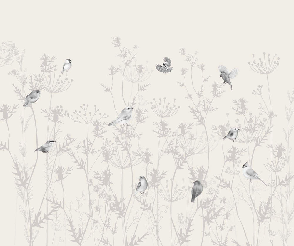 Tapet Personalizat Natura pentru copii cu pasari si plante salbatice in nuante de gri si alb - WILD BIRDIES