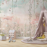 Tapet Personalizat Natura pentru copii cu jungla cu flamingo in nuante pastelate de roz si albastru - PASTEL FLAMINGO