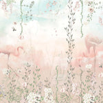 Tapet Personalizat Natura pentru copii cu jungla cu flamingo in nuante pastelate de roz si albastru - PASTEL FLAMINGO