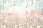 Tapet Personalizat Natura pentru copii cu jungla cu flamingo in nuante pastelate de roz si albastru - PASTEL FLAMINGO