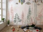 Tapet Personalizat Natura pentru copii cu padure de conifere in nuante de verde si roz pastel  - PASTEL PINE FOREST