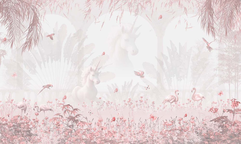 Tapet Personalizat Natura pentru copii cu padure roz si unicorni - PINKY UNICORNS