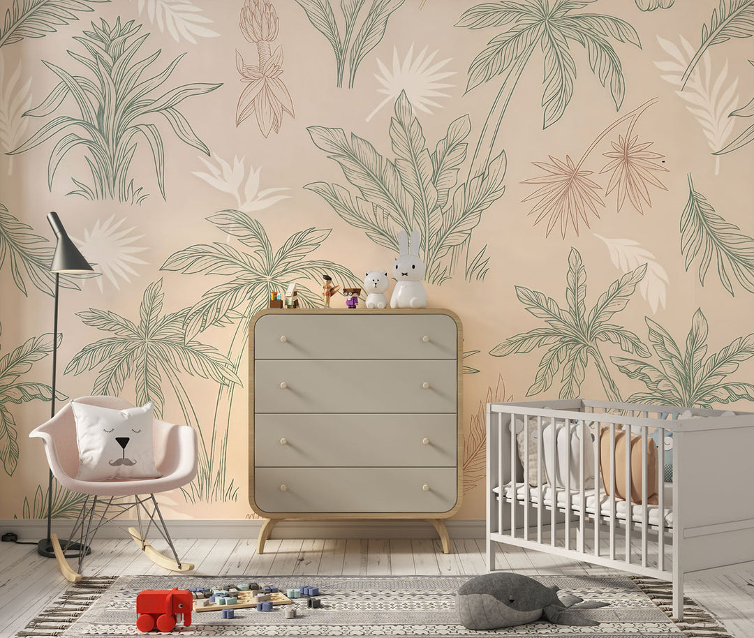 Tapet Personalizat Natura pentru copii cu palmieri si frunze in nuante de bej si verde - CREAM PALM OUTLINE
