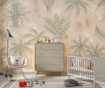 Tapet Personalizat Natura pentru copii cu palmieri si frunze in nuante de bej si verde - CREAM PALM OUTLINE