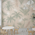 Tapet Personalizat Natura pentru copii cu palmieri si frunze in nuante de bej si verde - CREAM PALM OUTLINE