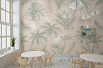 Tapet Personalizat Natura pentru copii cu palmieri si frunze in nuante de bej si verde - CREAM PALM OUTLINE
