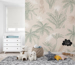 Tapet Personalizat Natura pentru copii cu palmieri si frunze in nuante de bej si verde - CREAM PALM OUTLINE