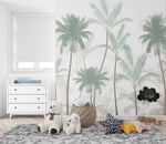 Tapet Personalizat Natura pentru copii cu palmieri inalti in nuante de verde pastel - PASTEL GREEN PALMS
