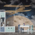 Tapet Personalizat Universul Spatial pentru Copii cu avion zburand peste luna printre nori pe timp de noapte - CLOUDY NIGHT FLIGHT