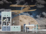 Tapet Personalizat Universul Spatial pentru Copii cu avion zburand peste luna printre nori pe timp de noapte - CLOUDY NIGHT FLIGHT