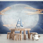 Tapet Personalizat Universul Spatial pentru Copii cu avioane zburand peste luna pe timp de noapte - MOON PLANES