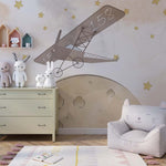 Tapet Personalizat Universul Spatial pentru Copii cu avion zburand peste luna printre stele in nuante de bej - STARRY MOON PLANE