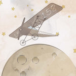 Tapet Personalizat Universul Spatial pentru Copii cu avion zburand peste luna printre stele in nuante de bej - STARRY MOON PLANE