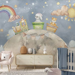 Tapet Personalizat Universul Spatial pentru Copii cu animalute mergand pe luna cu trenulet - RAINBOW MOON