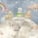 Tapet Personalizat Universul Spatial pentru Copii cu animalute mergand pe luna cu trenulet - RAINBOW MOON