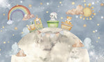 Tapet Personalizat Universul Spatial pentru Copii cu animalute mergand pe luna cu trenulet - RAINBOW MOON