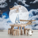 Tapet Personalizat Universul Spatial pentru Copii cu avioane zburand peste luna printre nori pe timp de noapte - CLOUDY NIGHT FLIGHT II