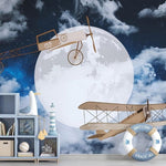 Tapet Personalizat Universul Spatial pentru Copii cu avioane zburand peste luna printre nori pe timp de noapte - CLOUDY NIGHT FLIGHT II