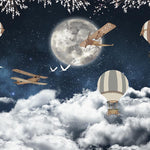 Tapet Personalizat Universul Spatial pentru Copii cu avioane si baloane cu aer cald deasupra norilor cu luna plina - OVER THE CLOUDS