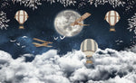 Tapet Personalizat Universul Spatial pentru Copii cu avioane si baloane cu aer cald deasupra norilor cu luna plina - OVER THE CLOUDS