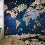 Tapet Personalizat Universul Spatial pentru Copii cu harta lumii cu steaguri pe un fundal spatial - SPACE MAP