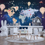 Tapet Personalizat Universul Spatial pentru Copii cu harta lumii cu steaguri pe un fundal spatial - SPACE MAP