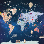 Tapet Personalizat Universul Spatial pentru Copii cu harta lumii cu steaguri pe un fundal spatial - SPACE MAP