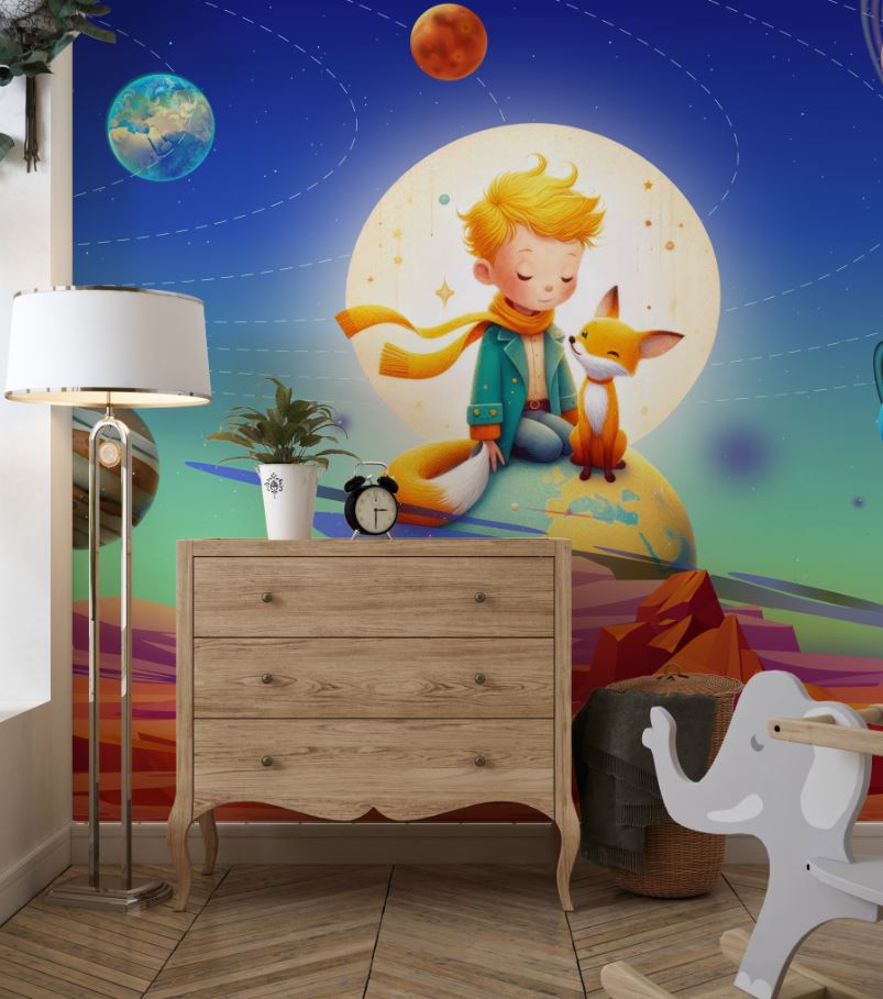 Tapet Personalizat Universul Spatial pentru Copii cu un copil si o vulpe in sistemul solar - SPACE FOX KID