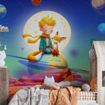 Tapet Personalizat Universul Spatial pentru Copii cu un copil si o vulpe in sistemul solar - SPACE FOX KID