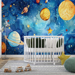 Tapet Personalizat Universul Spatial pentru Copii cu sistemul solar in spatiu in stil pictura watercolor - STARRY PLANETS