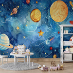 Tapet Personalizat Universul Spatial pentru Copii cu sistemul solar in spatiu in stil pictura watercolor - STARRY PLANETS
