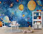 Tapet Personalizat Universul Spatial pentru Copii cu sistemul solar in spatiu in stil pictura watercolor - STARRY PLANETS