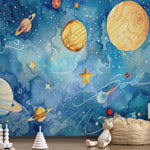 Tapet Personalizat Universul Spatial pentru Copii cu sistemul solar in spatiu in stil pictura watercolor - STARRY PLANETS
