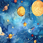 Tapet Personalizat Universul Spatial pentru Copii cu sistemul solar in spatiu in stil pictura watercolor - STARRY PLANETS