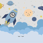 Tapet Personalizat Universul Spatial pentru Copii cu planete fericite in nuante de albastru - HAPPY PLANETS