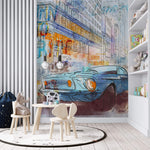 Tapet Personalizat Masini cu ilustratie colorata in stil pop art retro cu masina sport in nuante de albastru - RETRO POP ART RIDE
