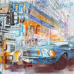 Tapet Personalizat Masini cu ilustratie colorata in stil pop art retro cu masina sport in nuante de albastru - RETRO POP ART RIDE
