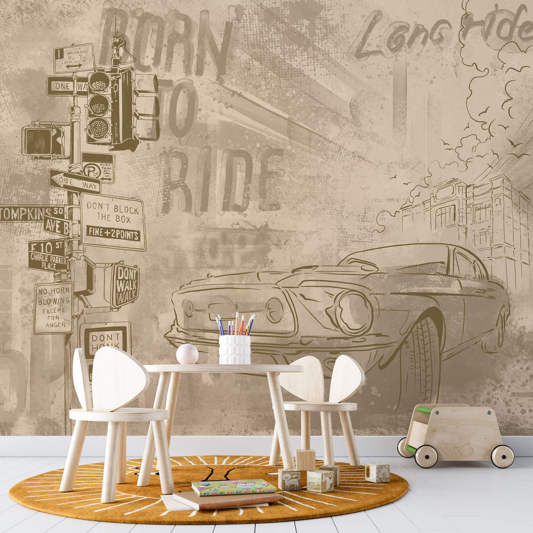 Tapet Personalizat Masini cu masina intr-o ilustratie in nuante sepia - DUSTY TOWN RIDE