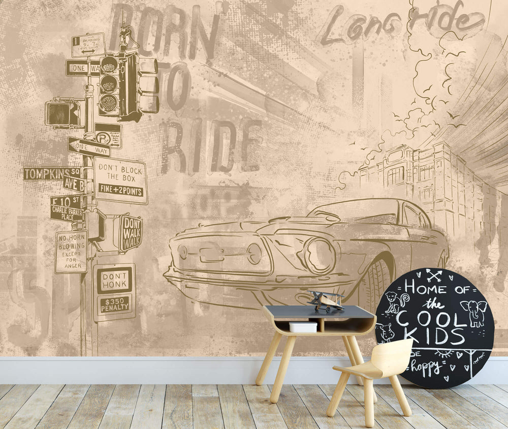 Tapet Personalizat Masini cu masina intr-o ilustratie in nuante sepia - DUSTY TOWN RIDE