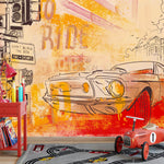 Tapet Personalizat Masini cu o masina sport intr-o ilustratie colorata in nuante de rosu si portocaliu - FIRE RIDE