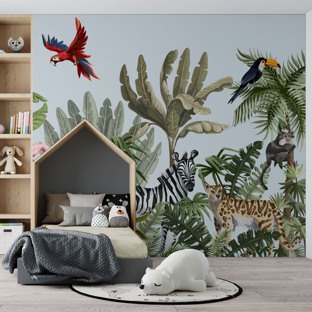 Tapet personalizat jungla amazoniana pentru copii cu plante tropicale si animale exotice printre care zebre leoparzi papagali colorati maimute flamingo exotic amazon