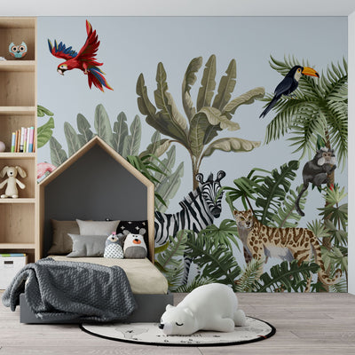 fototapet-personalizat-jungla-amazoniana-pentru-copii-cu-plante-tropicale-si-animale-exotice-printre-care-zebre-leoparzi-papagali-colorati-maimute-flamingo-exotic-amazon