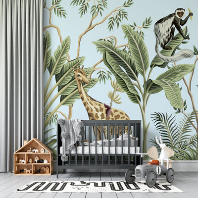 fototapet-personalizat-jungla-amazoniana-cu-pentru-copii-palmieri-bananieri-plante-tropicale-si-animale-exotice-printre-care-zebre-leoparzi-elefanti-maimute-jungle-landscape