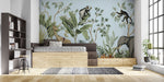 Tapet personalizat jungla amazoniana cu pentru copii palmieri bananieri plante tropicale si animale exotice printre care zebre leoparzi elefanti maimute jungle landscape