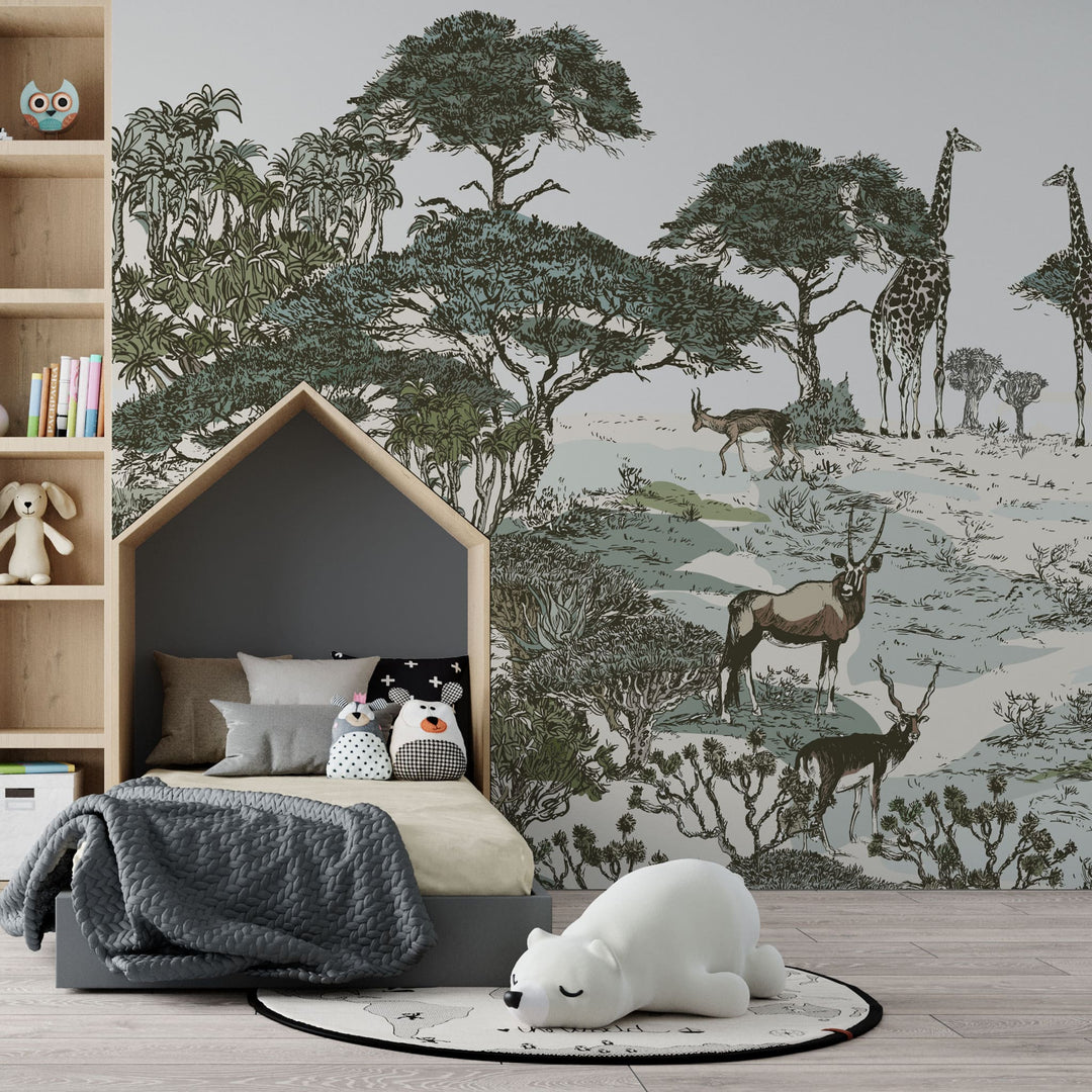 Tapet personalizat jungla amazoniana pentru copii cu peisaj safari cu animale exotice girafe capre negre safari sketch
