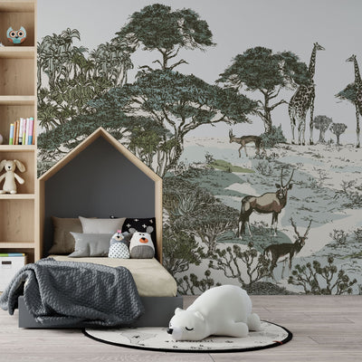 fototapet-personalizat-jungla-amazoniana-pentru-copii-cu-peisaj-safari-cu-animale-exotice-girafe-capre-negre-safari-sketch