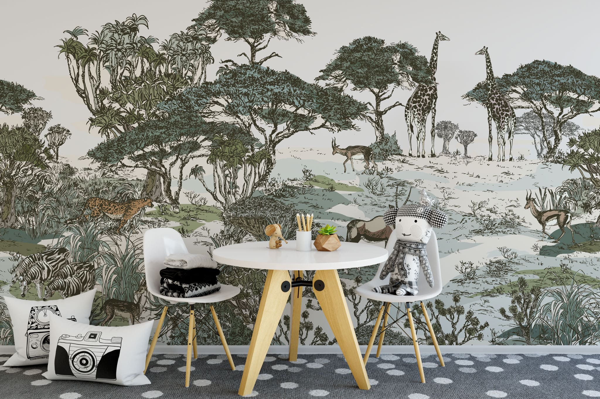 Tapet personalizat jungla amazoniana pentru copii cu peisaj safari cu animale exotice girafe capre negre safari sketch